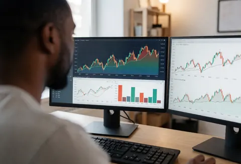 A male consultant analyzes financial data on dual monitors, demonstrating focus during a business consulting session.