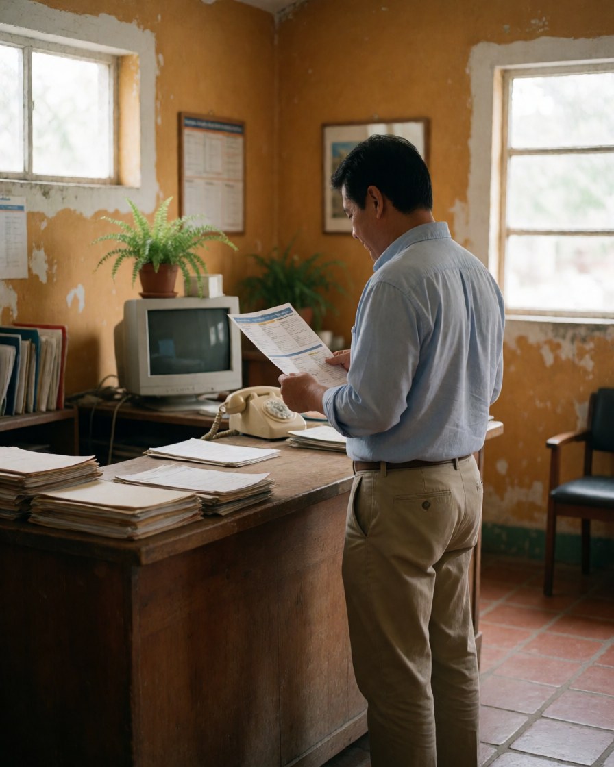 A man checks his travel itinerary at a travel agency with yellow walls and a wooden desk featuring a computer and vintage phone.