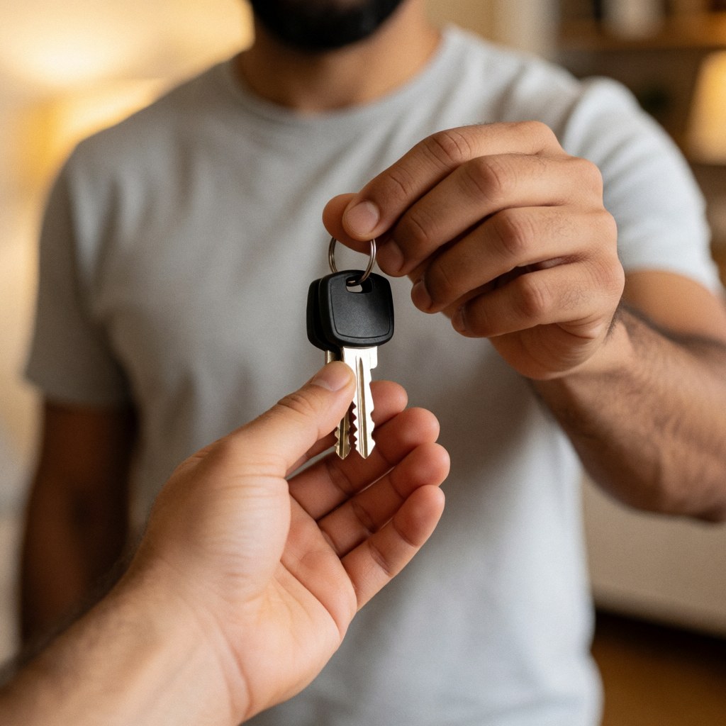 Close-up of a hand handing over house keys with warm lighting, ideal for real estate transactions