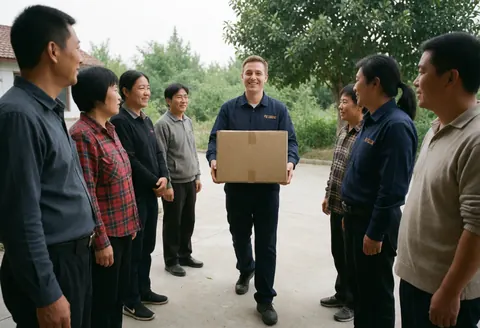 A professional hands a box to smiling clients in an outdoor courtyard during a realistic service interaction