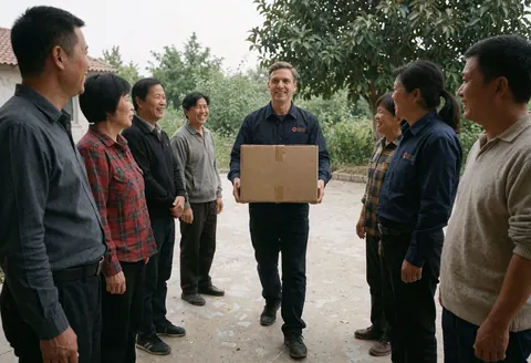 A professional hands a box to smiling clients in an outdoor courtyard during a realistic service interaction