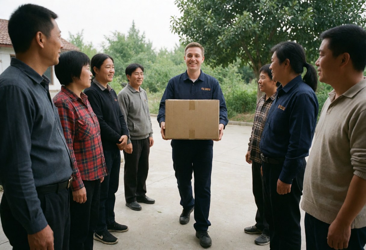 A professional hands a box to smiling clients in an outdoor courtyard during a realistic service interaction