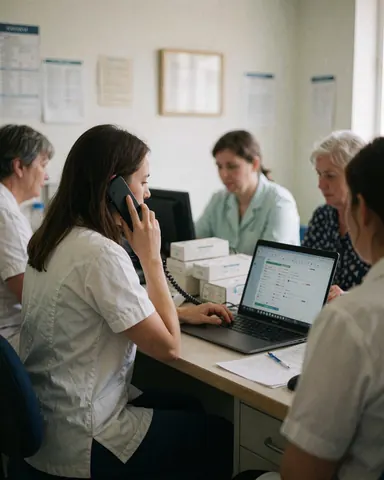 A woman in a dental clinic works on a computer while talking on the phone, with other professionals nearby in a realistic office setting