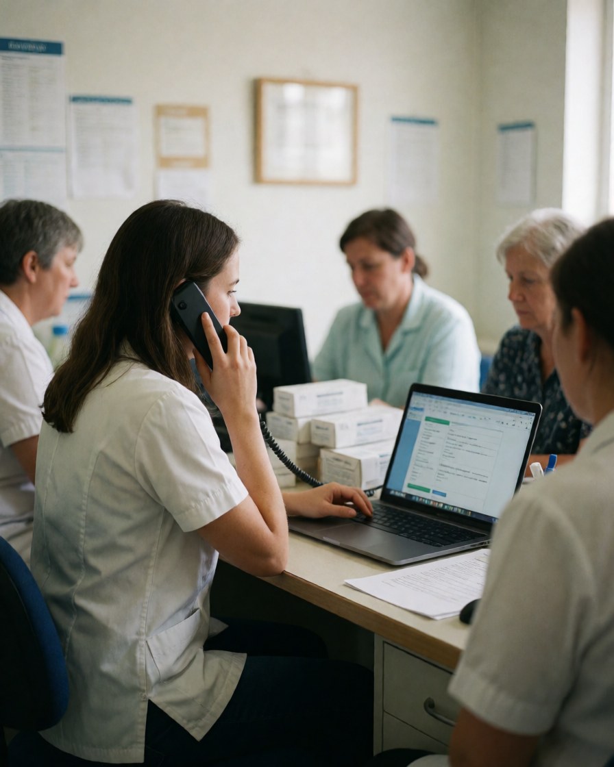 A woman in a dental clinic works on a computer while talking on the phone, with other professionals nearby in a realistic office setting