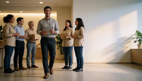 A nutritionist walks through a modern office holding a tablet while smiling colleagues work in the background.