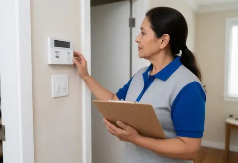 A middle-aged woman reviews a security panel at a residence while holding a folder with a focused expression
