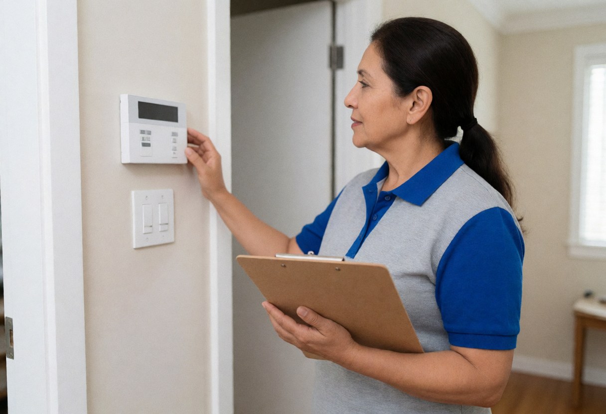A middle-aged woman reviews a security panel at a residence while holding a folder with a focused expression