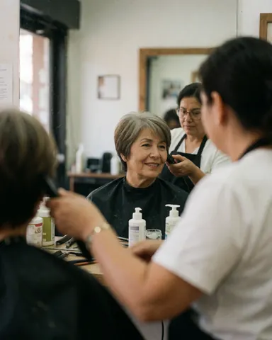 Smiling older woman looks at her new hairstyle in the mirror while a stylist works nearby.