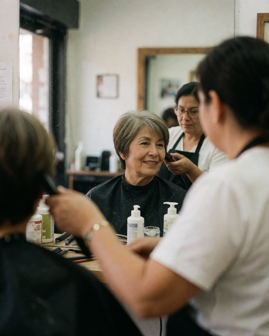 Smiling older woman looks at her new hairstyle in the mirror while a stylist works nearby.