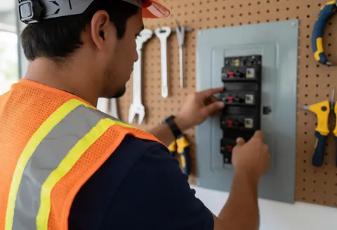 An electrician inspects a circuit panel in a workshop with tools hanging on a pegboard behind him