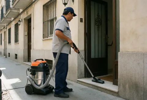 Uniformed cleaning worker standing on sidewalk with large vacuum near home entrance during daytime