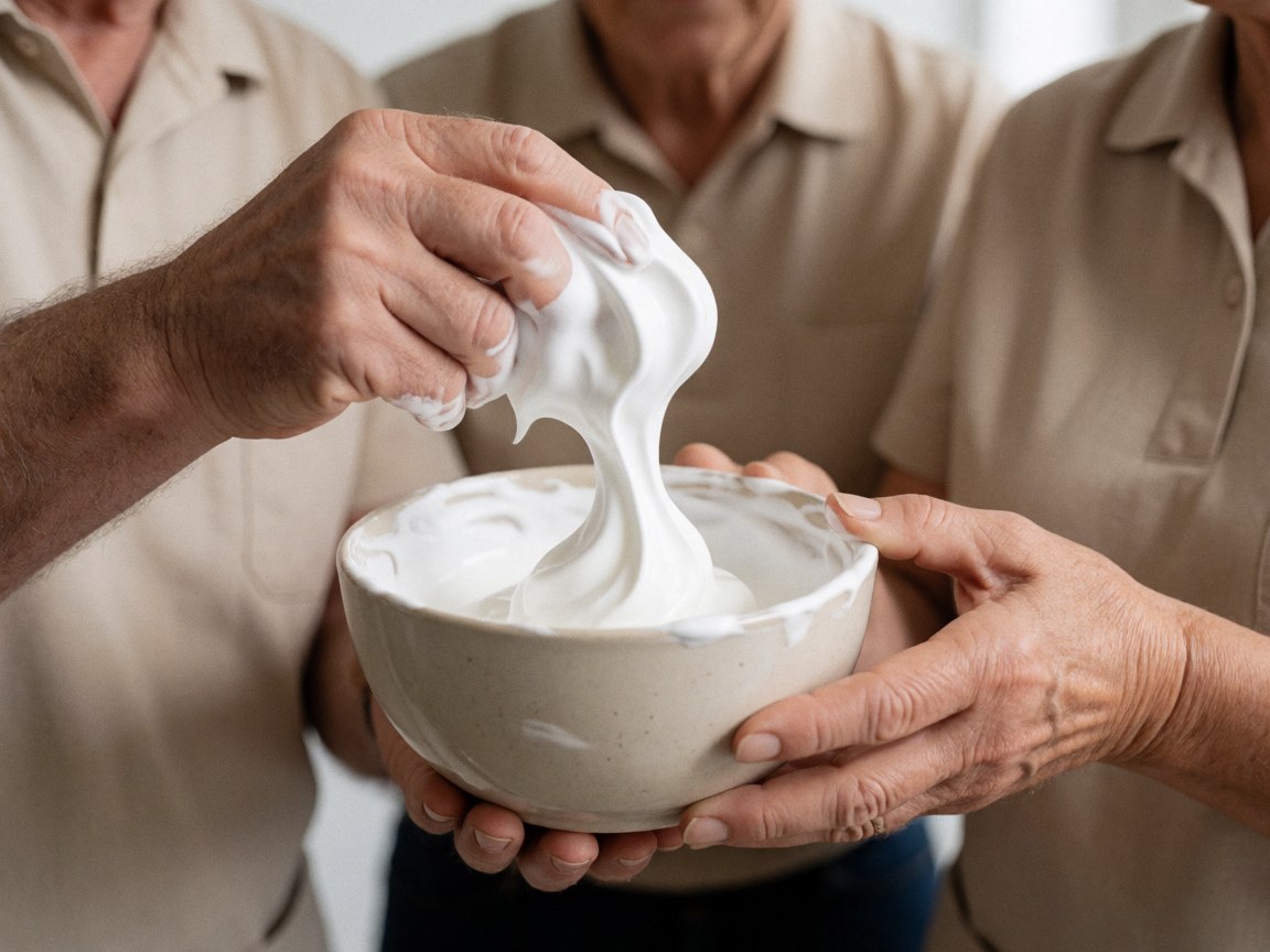 Hands preparing foamy shaving cream in a container with a blurred background, ideal for professional barbershop use