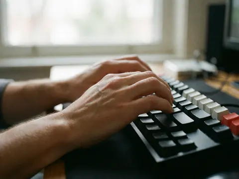 Adult hands typing precisely on a black and white mechanical keyboard illuminated by natural window light