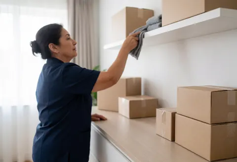 A middle-aged woman in a blue uniform wipes a shelf with a towel in a hotel room with natural light