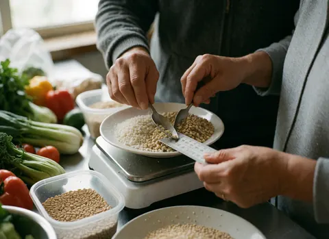 Hands measuring grain portions on a kitchen scale with fresh tomatoes and broccoli in the background under natural light