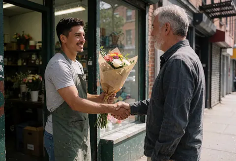 A florist hands a flower bouquet to a male client at the shop entrance while shaking hands and smiling.