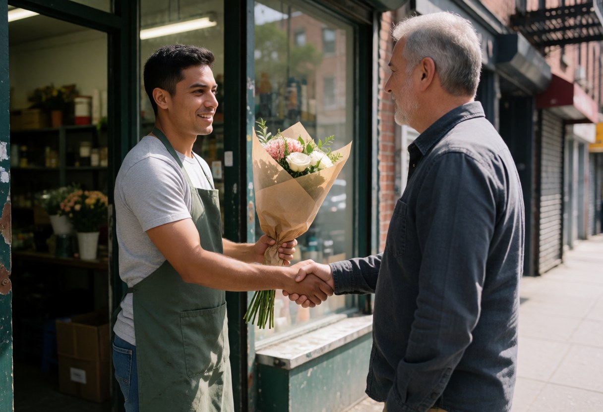 A florist hands a flower bouquet to a male client at the shop entrance while shaking hands and smiling.