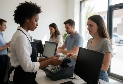 A black female cashier processes a transaction at the checkout counter while a customer stands nearby in a busy store with natural lighting.