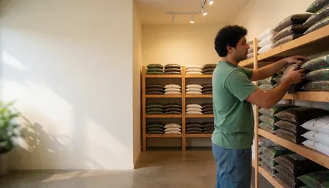 Interior view of an agricultural supply store featuring wooden shelves filled with soil bags and a man organizing products