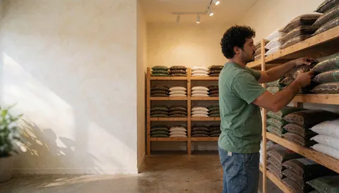 Interior view of an agricultural supply store featuring wooden shelves filled with soil bags and a man organizing products