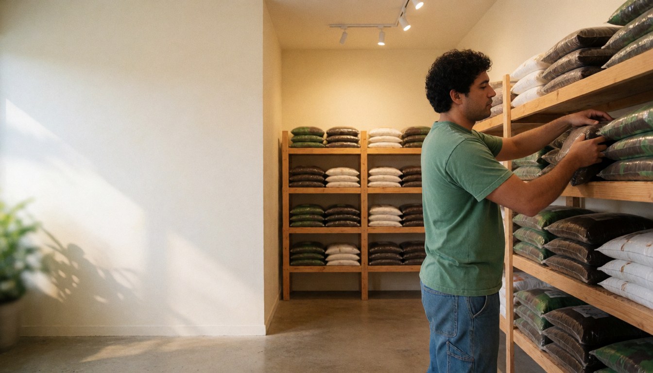Interior view of an agricultural supply store featuring wooden shelves filled with soil bags and a man organizing products
