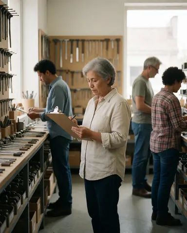 A woman checks a clipboard list while working in a hardware store with organized tools and colleagues in the background