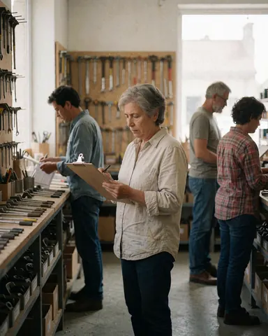 A woman checks a clipboard list while working in a hardware store with organized tools and colleagues in the background