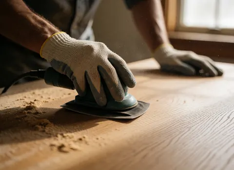 Gloved hand using an electric sander to polish a wooden table, creating wood dust in natural window light