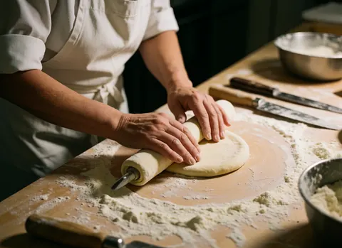 Close-up of chef hands kneading fresh dough with a rolling pin on a floured wooden surface surrounded by kitchen tools and warm lighting