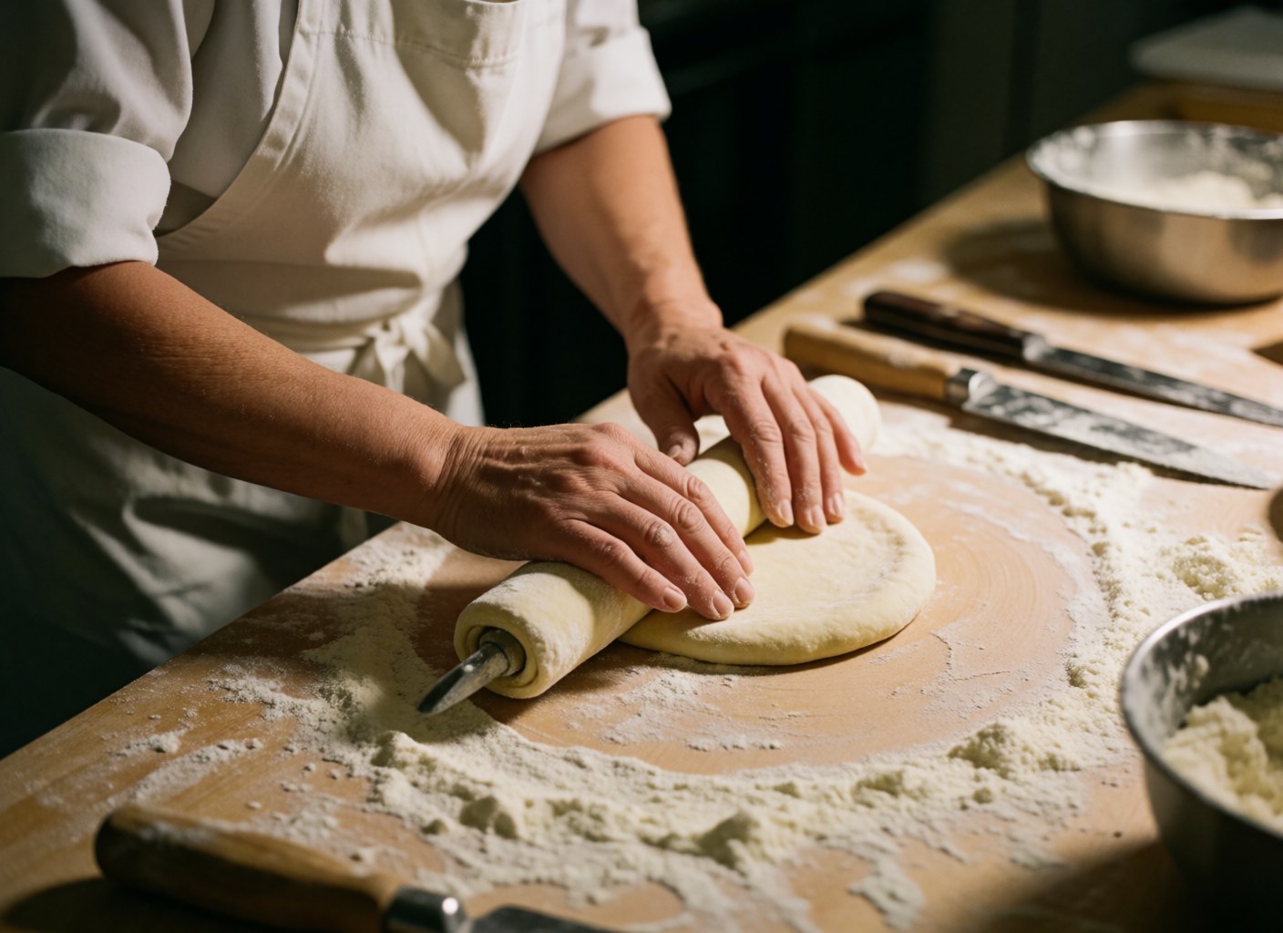 Close-up of chef hands kneading fresh dough with a rolling pin on a floured wooden surface surrounded by kitchen tools and warm lighting