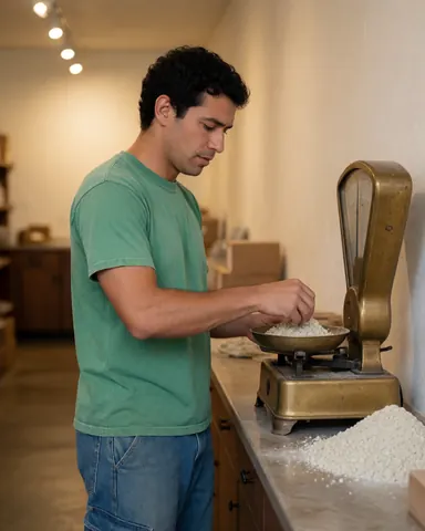 Young man in green t-shirt weighing flour on antique bronze scale in kitchen with light walls and polished concrete floor