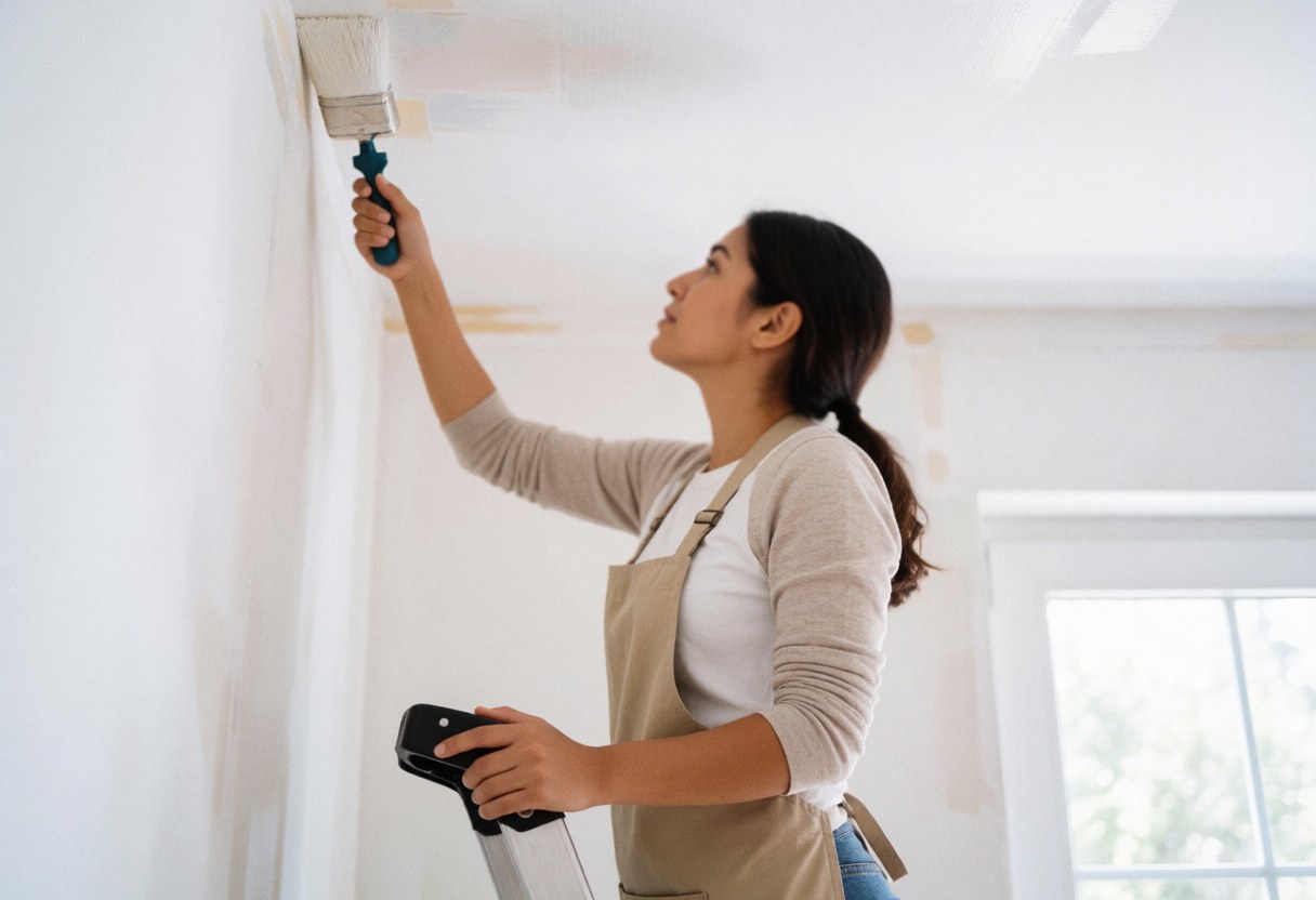 Young woman in apron painting a white wall using a ladder with natural light from a window