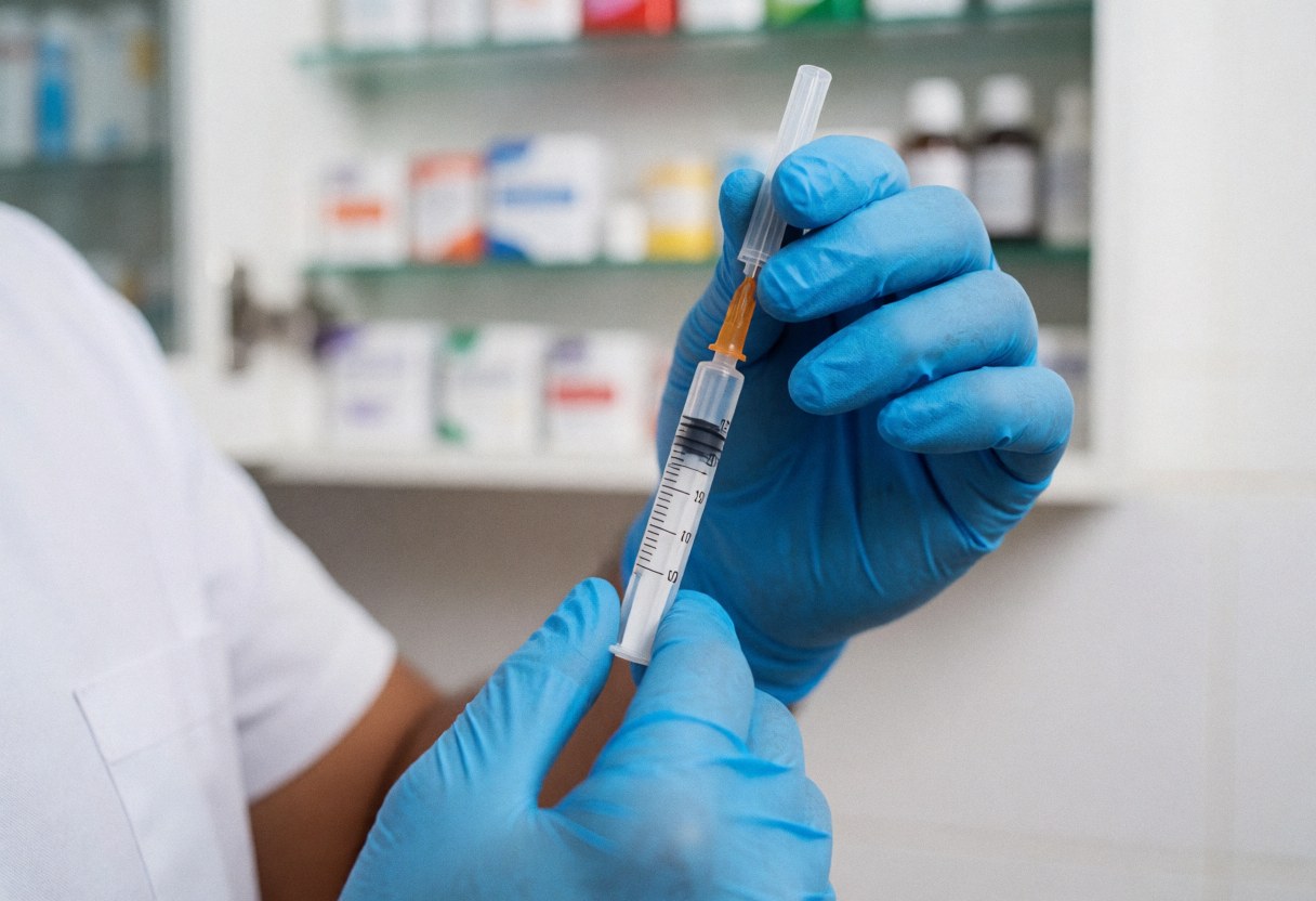 Close-up of hands in blue gloves preparing a syringe for vaccination with a blurred medicine shelf in the background