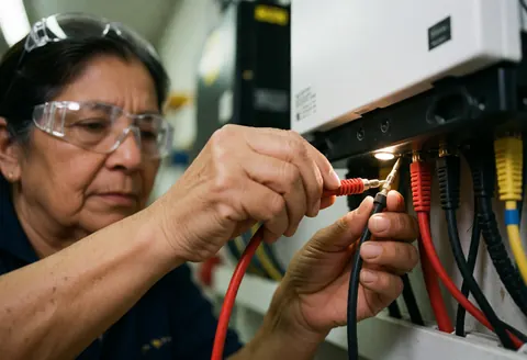 A woman wearing safety glasses connects red and black cables to a solar inverter in a technical workshop setting