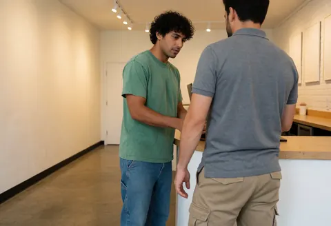 A man in casual attire helps a customer at a clean, modern store counter, demonstrating attentive service.