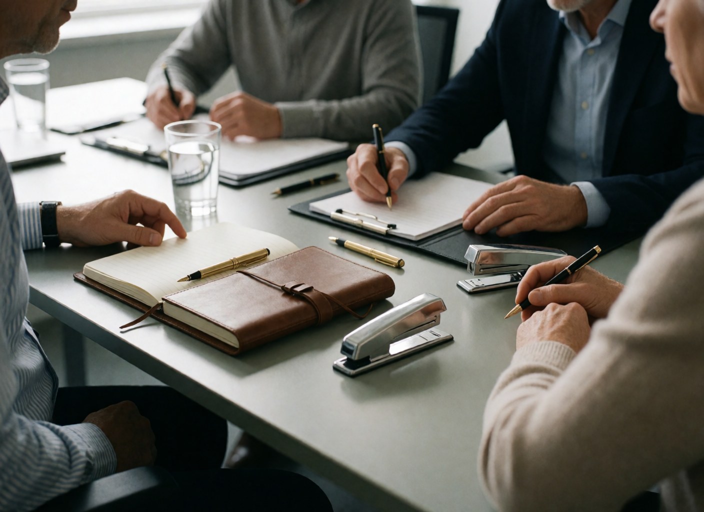 Group of professionals in a consulting meeting with notebooks, pens, stapler, and water glasses on a modern table