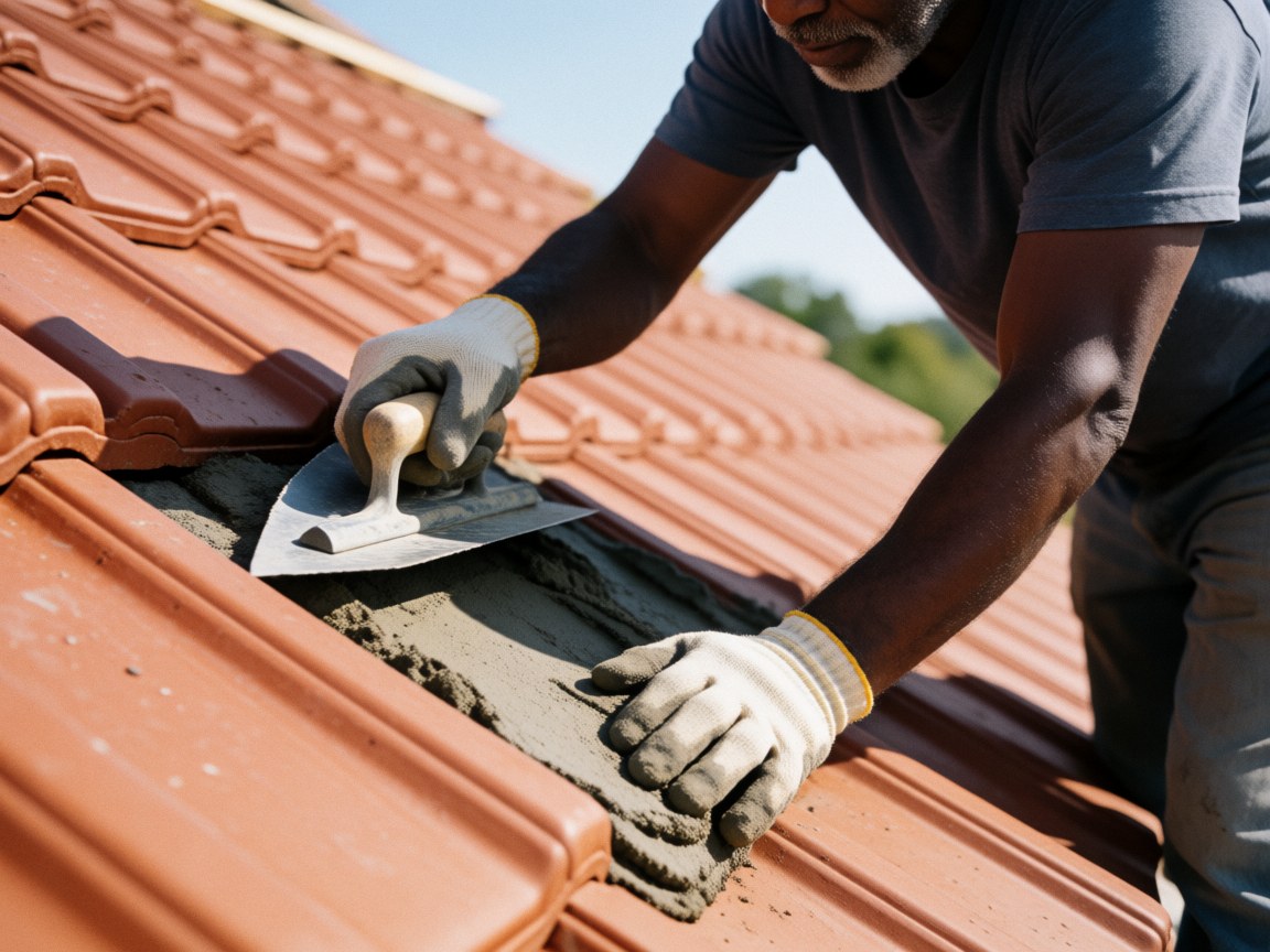 A man applies mortar between terracotta roof tiles under sunlight using gloves and a precision trowel