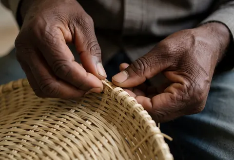Close-up of an older man's hands carefully stitching a wicker basket, highlighting craftsmanship and dedication to manual art.