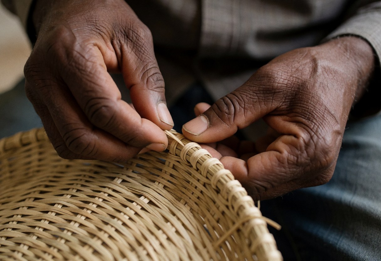 Close-up of an older man's hands carefully stitching a wicker basket, highlighting craftsmanship and dedication to manual art.