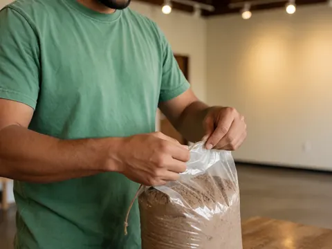 Close-up of a man's hands tying a bag of soil in an agricultural supply store with polished walls and floor