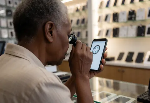 A senior woman examines a mobile phone closely using a magnifying glass in a technology store, highlighting technical service work.