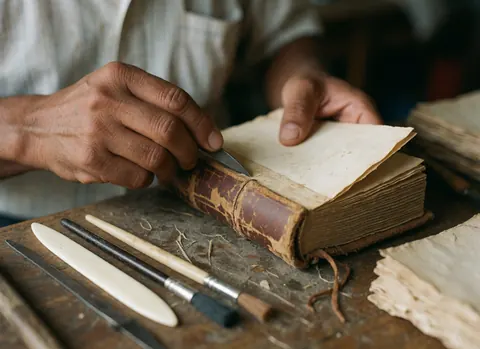 Close up of a man's hands repairing an old book using binding tools on a wooden table with soft natural light