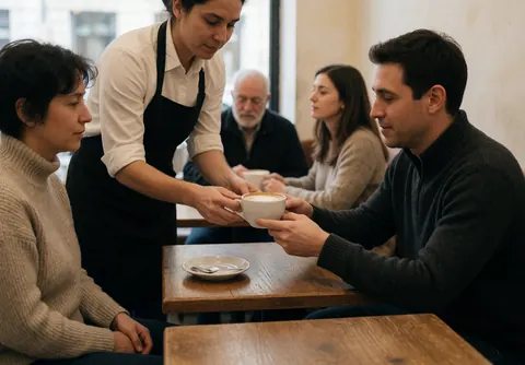 A barista pours a cappuccino for a customer seated at a wooden table in a warm cafe with soft lighting