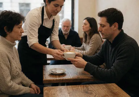 A barista pours a cappuccino for a customer seated at a wooden table in a warm cafe with soft lighting