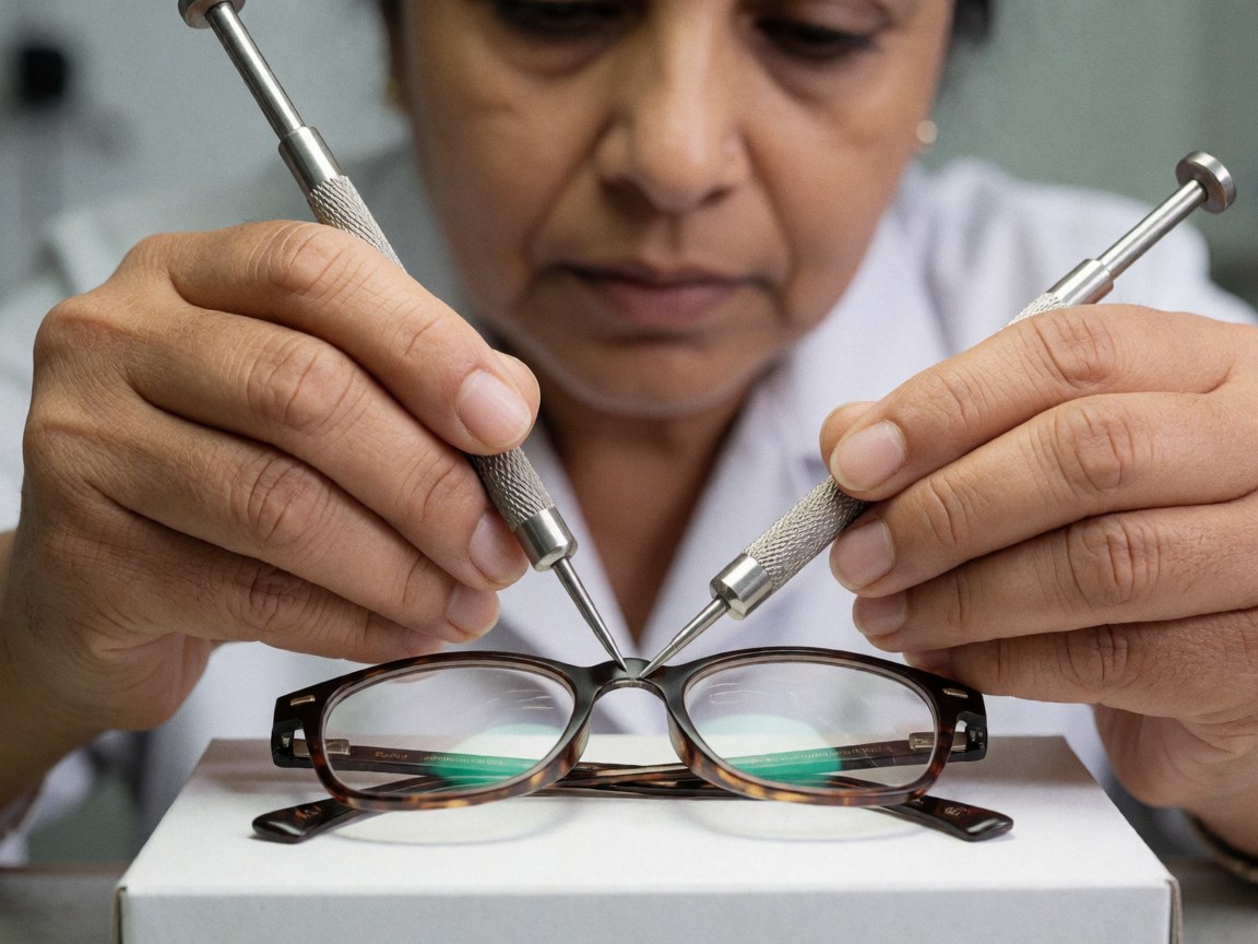 A technician uses metal tools to precisely adjust the screws on a glasses frame in a clean optical shop setting