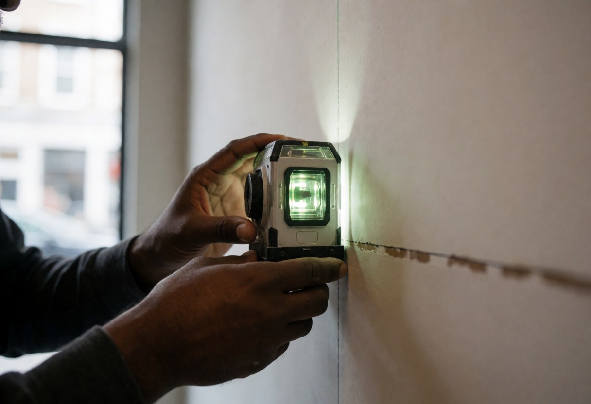 Close-up of a worker's hand using a laser level to mark a straight line on a white wall during interior construction