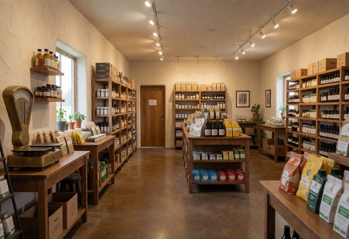 Interior view of an agricultural store featuring wooden shelves, vintage scales, packaged goods, warm lighting, and polished concrete floors.