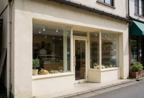 Agricultural storefront featuring a glass display case filled with fresh fruits and vegetables, cream stucco walls, and a glass door creating a clean and welcoming atmosphere.