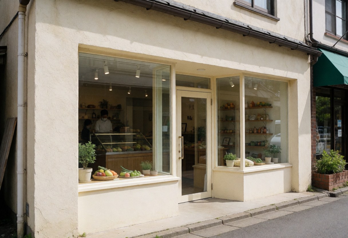 Agricultural storefront featuring a glass display case filled with fresh fruits and vegetables, cream stucco walls, and a glass door creating a clean and welcoming atmosphere.