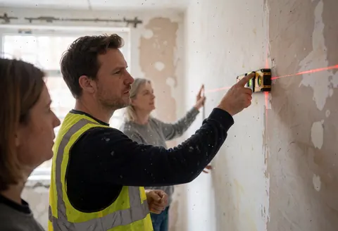 A man in a safety vest adjusts a red laser level on a construction wall while another person observes the field work.